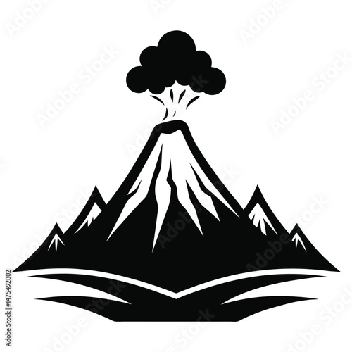 Monotone design shows a powerful volcano erupting next to smaller mountains in nature