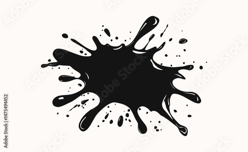 Black ink splatter isolated on white background. Abstract grunge paint splash, messy ink blot, dripping liquid texture, artistic splatter element for design, vector illustration high resolution.