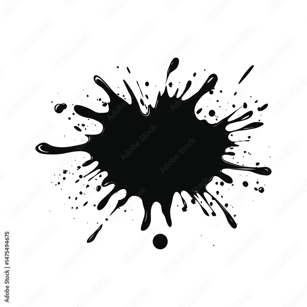 Black ink splatter isolated on white background. Abstract grunge paint splash, messy ink blot, dripping liquid texture, artistic splatter element for design, vector illustration high resolution. Black ink splatter isolated on white background. Abstract grunge paint splash, messy ink blot, dripping liquid texture, artistic splatter element for design, vector illustration high resolution.