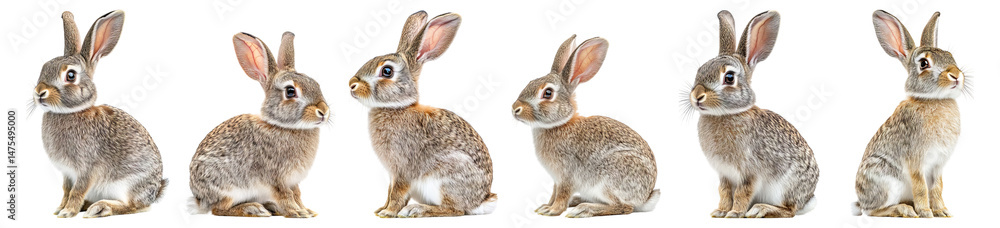 Fototapeta premium Sequence of adorable rabbits in various poses and side views Isolated Transparent Background
