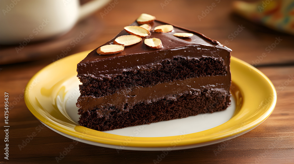 Slice of Rich Chocolate Layer Cake with Almond Topping on Yellow Plate Slice of Rich Chocolate Layer Cake with Almond Topping on Yellow Plate