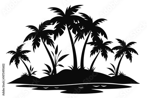 Silhouette of a tropical island showcases several palm trees and vegetation in dark vector