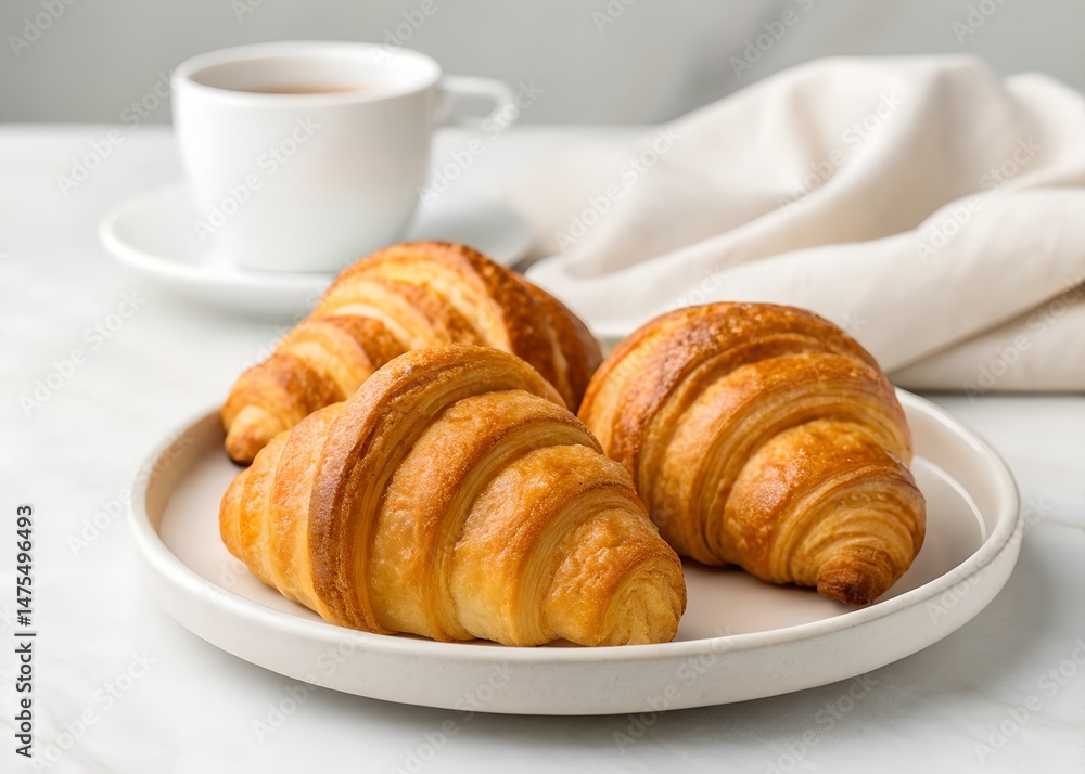 Close-up of golden croissants on a white plate, studio shot with soft lighting, elegant breakfast scene, delicious pastry Close-up of golden croissants on a white plate, studio shot with soft lighting, elegant breakfast scene, delicious pastry