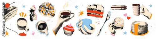 Trendy halftone collage cutout elements set. Hands holding cups and mugs of hot coffee or tea or cocoa with dessert and sweets. Modern retro vector illustration isolated on transparent background