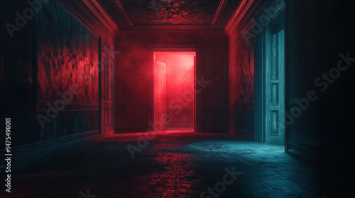Dark, atmospheric corridor. A glowing red doorway contrasts with cool blue light, creating a mysterious, eerie, and suspenseful interior scene.