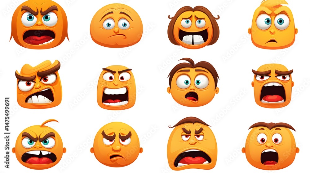 Obraz premium Emoji Faces Expression Icon Set: Cartoon Vector Illustration for Various Emotions