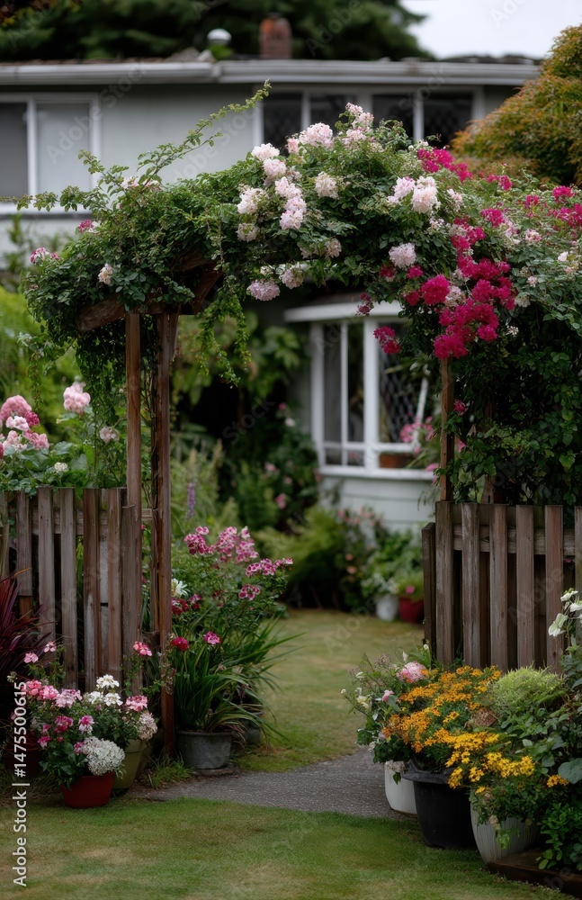 Fototapeta premium Lush flower garden with wooden pergola covered in climbing roses