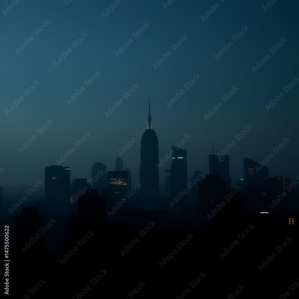 Fototapeta premium City skyline silhouette at night with soft atmospheric haze and faint outlines of skyscrapers