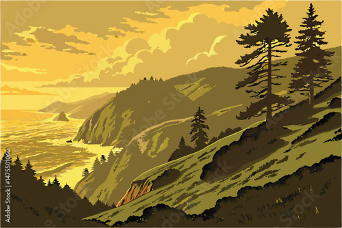1 dramatic coastal landscape, lush green hills, silhouetted pine trees, golden sunset sky, serene ocean waves, misty cliff edges, vibrant warm tones, highly detailed, cinematic composition, photoreali