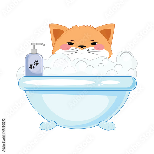 Illustration of cat washing, soapy foam, animal hygiene, modern pet care, cute and playful.