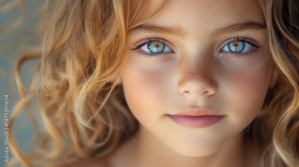 Portrait of a young girl with blue eyes and blonde, curly hair, freckles on her nose Portrait of a young girl with blue eyes and blonde, curly hair, freckles on her nose