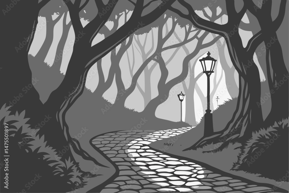 Naklejka premium 2 dark alleyway with lanterns, cobblestone path, trees overhead, moody atmosphere, dramatic lighting, fantasy-like environment, cinematic style, digital painting, concept art