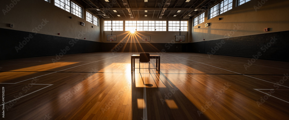 custom made wallpaper toronto digitalSingle school desk in sunlit empty gymnasium during golden hour