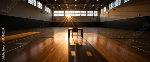 Wallpaper Mural Single school desk in sunlit empty gymnasium during golden hour Torontodigital.ca