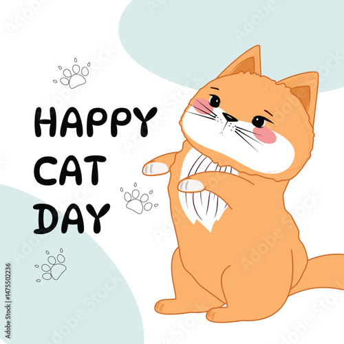 Cute kitten with paw prints, animal holiday card, cheerful and playful, modern vector illustration