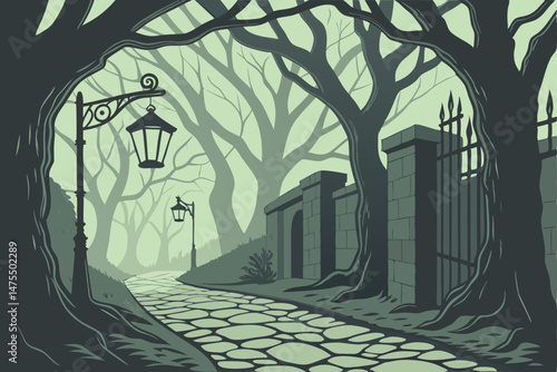 2 dark alleyway with lanterns, cobblestone path, trees overhead, moody atmosphere, dramatic lighting, fantasy-like environment, cinematic style, digital painting, concept art