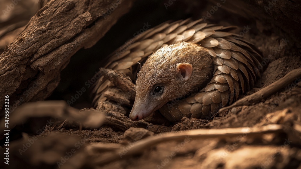 Obraz premium Vulnerable Pangolin Curled Up in Self Defense in Natural Habitat