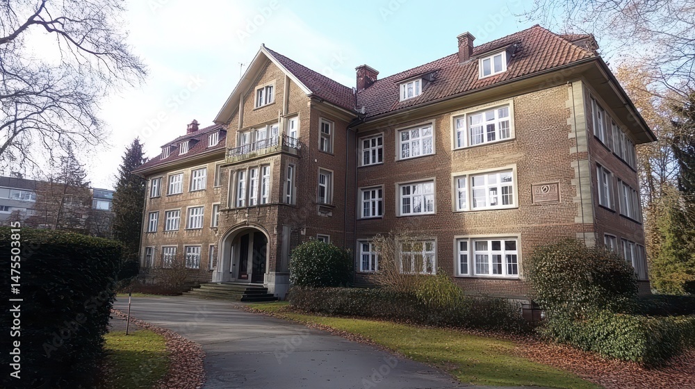 Fototapeta premium A large brick building with many windows and dormers surrounded by greenery
