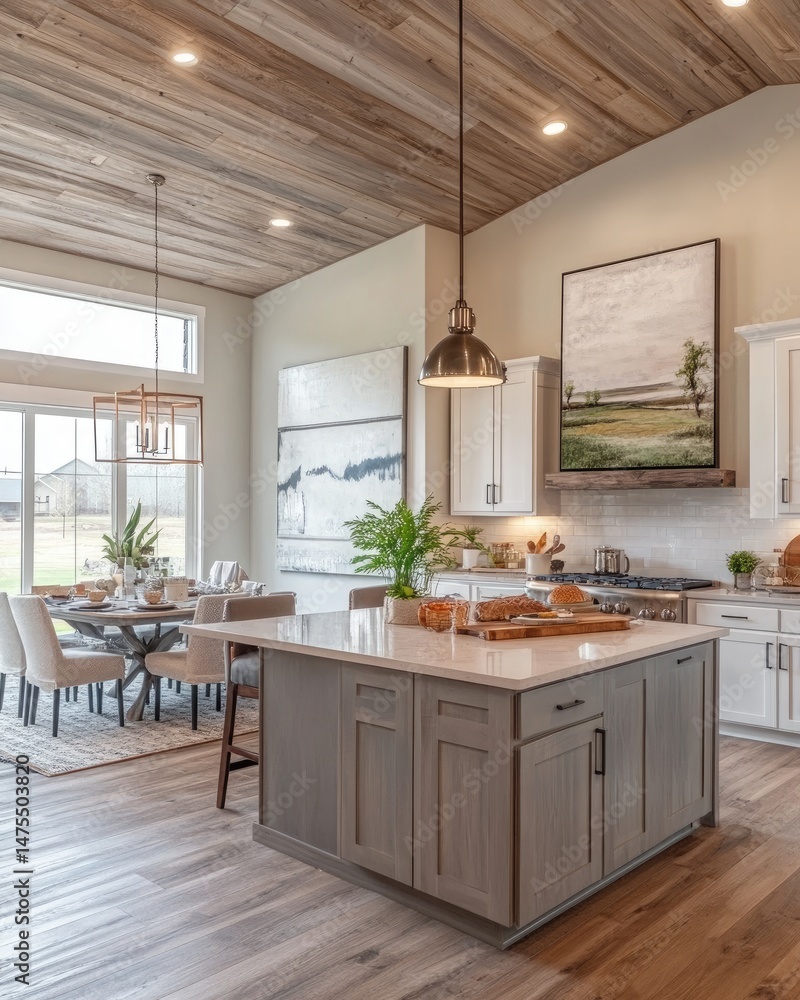 Fototapeta premium Spacious kitchen and dining area with wood accents.
