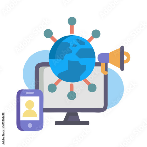 Global marketing and communication strategy across devices illustration