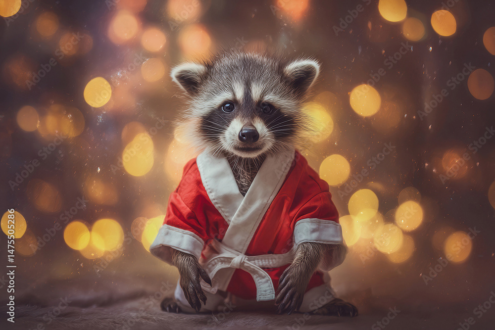 Fototapeta Raccoon dog in martial arts uniform sits upright, red and white gi with black accents Bokeh candles background creates soft focus and warm glow Subject well-lit face, back in shadow - AI-Generated