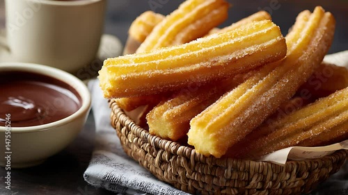 A plate of churros with chocolate sauce. 