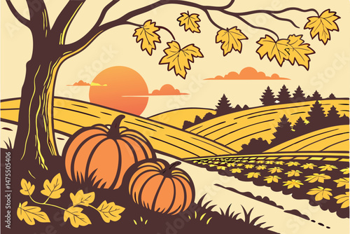 4 5k ultra high definition, epic landscape, dramatic sunset, pumpkin patch in autumn, rural field, natural lighting, moody atmosphere, stunning scenery, vibrant colors, beautiful composition, detailed