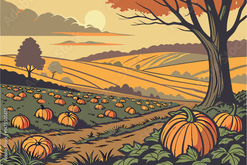 4 5k ultra high definition, epic landscape, dramatic sunset, pumpkin patch in autumn, rural field, natural lighting, moody atmosphere, stunning scenery, vibrant colors, beautiful composition, detailed