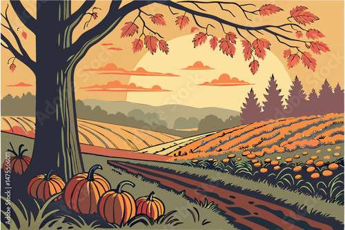 4 5k ultra high definition, epic landscape, dramatic sunset, pumpkin patch in autumn, rural field, natural lighting, moody atmosphere, stunning scenery, vibrant colors, beautiful composition, detailed