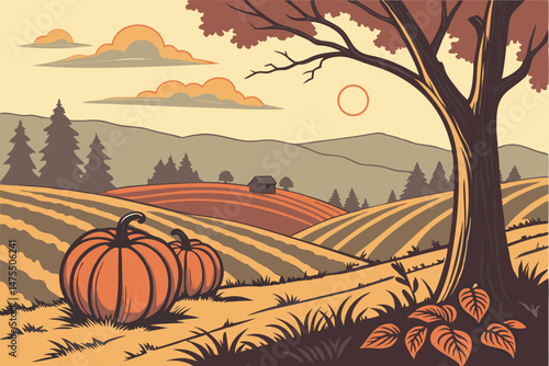 4 5k ultra high definition, epic landscape, dramatic sunset, pumpkin patch in autumn, rural field, natural lighting, moody atmosphere, stunning scenery, vibrant colors, beautiful composition, detailed