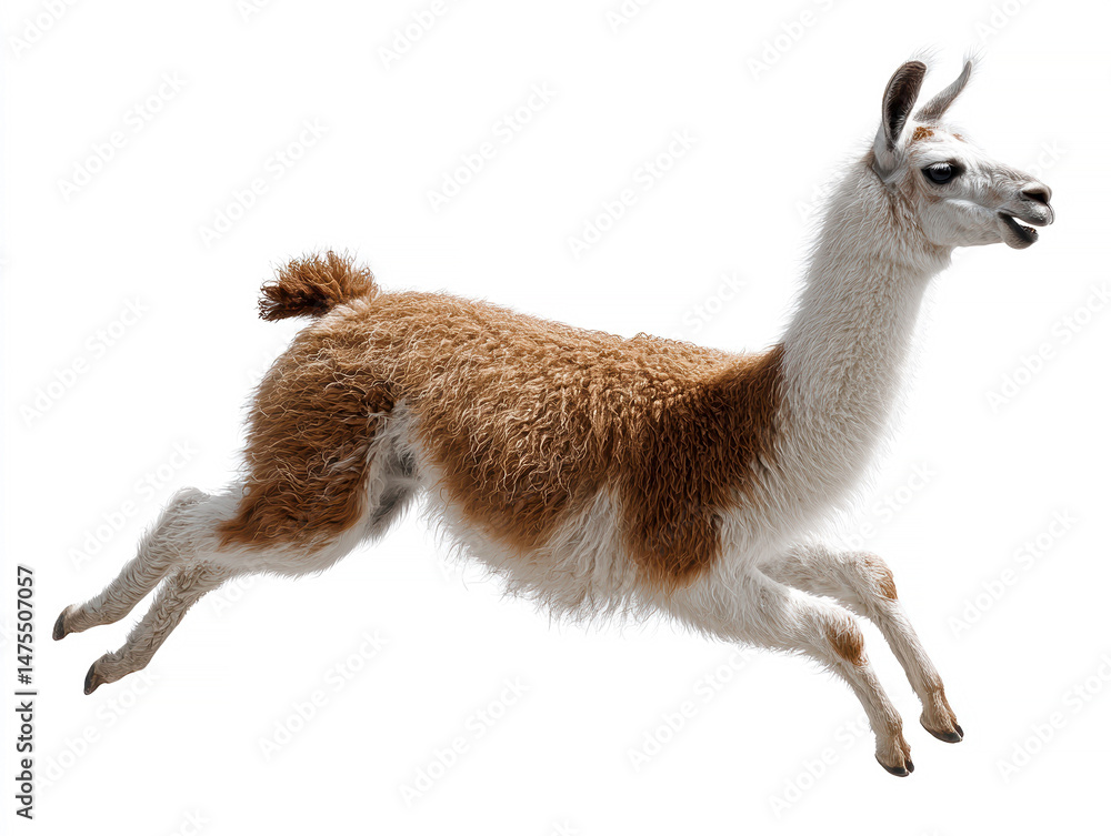 Fototapeta premium Llama in motion against a plain background, alert posture, brown, tan, and white fur texture - AI-Generated