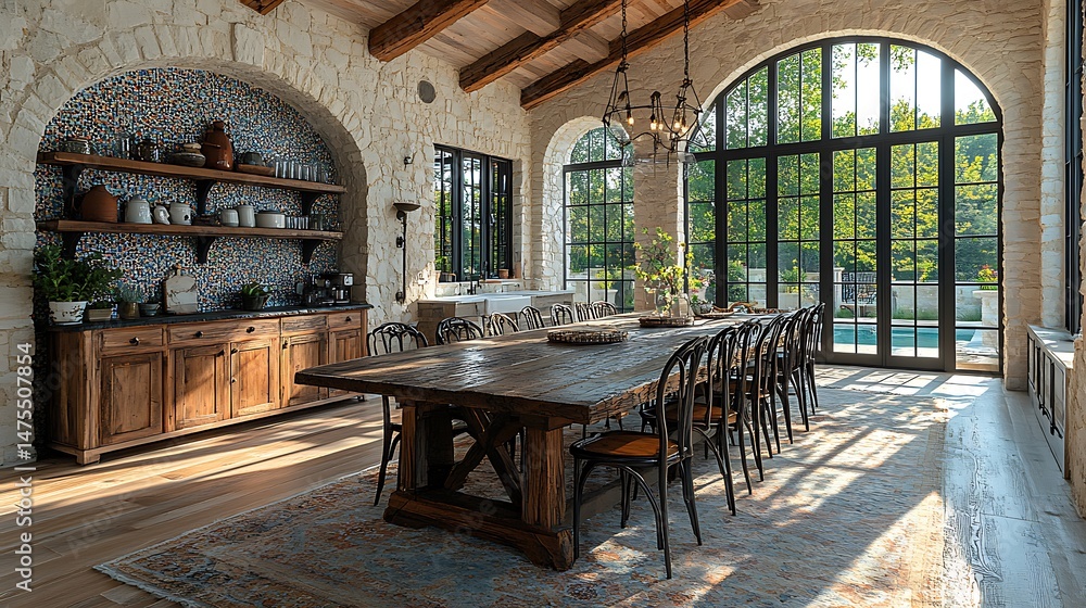 Naklejka premium Mediterranean dining room with ocean view high resolution picture