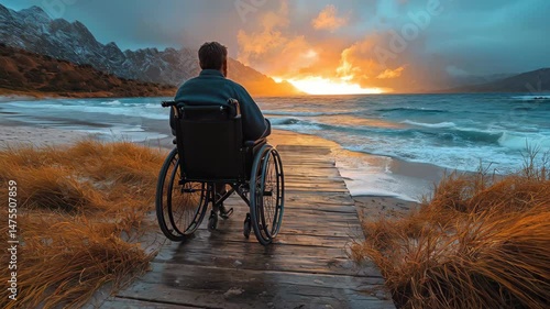 A person in a wheelchair gazes at a vibrant sunset over the ocean from a wooden walkway surrounded by grass.