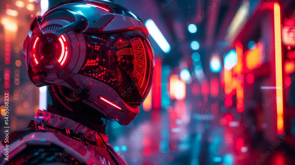 Futuristic character with helmet and goggles in electric blue city Futuristic character with helmet and goggles in electric blue city