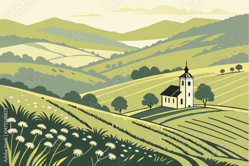 6 rolling hills, lush green fields, white chapel, misty mountains, vibrant colors, tranquil pastoral scene, picturesque landscape, serene countryside, atmospheric lighting, beautiful natural scenery