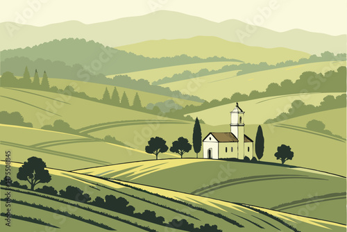 6 rolling hills, lush green fields, white chapel, misty mountains, vibrant colors, tranquil pastoral scene, picturesque landscape, serene countryside, atmospheric lighting, beautiful natural scenery