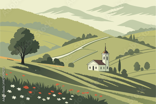 6 rolling hills, lush green fields, white chapel, misty mountains, vibrant colors, tranquil pastoral scene, picturesque landscape, serene countryside, atmospheric lighting, beautiful natural scenery