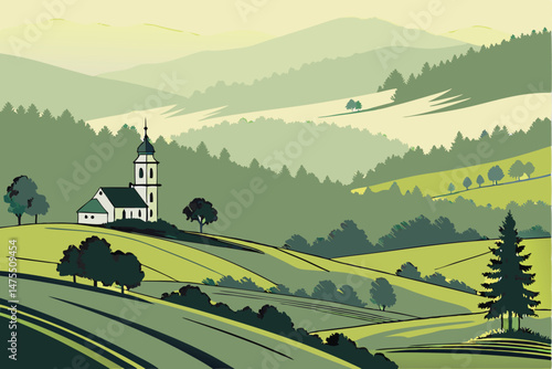 6 rolling hills, lush green fields, white chapel, misty mountains, vibrant colors, tranquil pastoral scene, picturesque landscape, serene countryside, atmospheric lighting, beautiful natural scenery