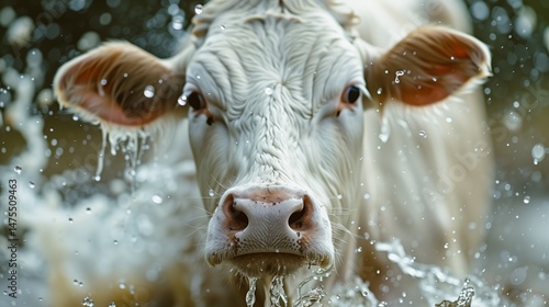 A white bull is in the water, with its eyes fixed on the camera