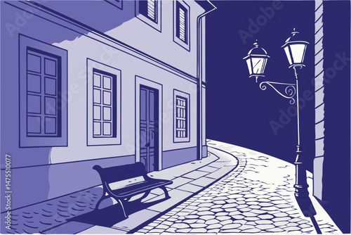 7 bench, lamp post, cobblestone street, blue wall, dramatic lighting, atmospheric, cinematic