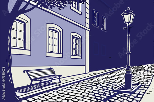 7 bench, lamp post, cobblestone street, blue wall, dramatic lighting, atmospheric, cinematic
