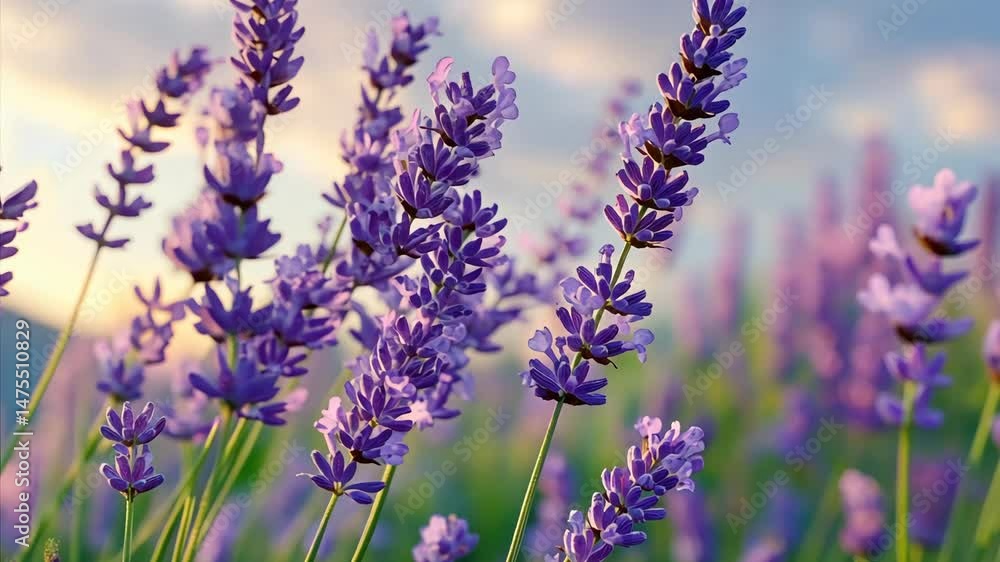 A field of purple lavender flowers with a blue sky in the background. The flowers are tall and spread out, creating a peaceful and serene atmosphere A field of purple lavender flowers with a blue sky in the background. The flowers are tall and spread out, creating a peaceful and serene atmosphere