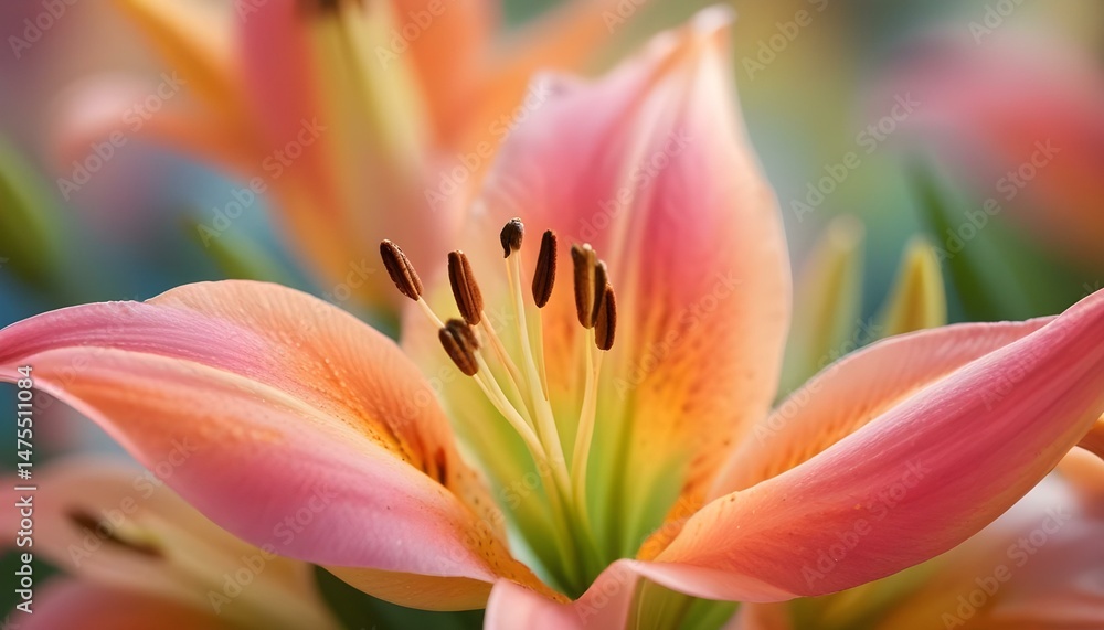 Fototapeta premium Captivating close-up of a lily, showcasing delicate petals and vibrant colors in full bloom.