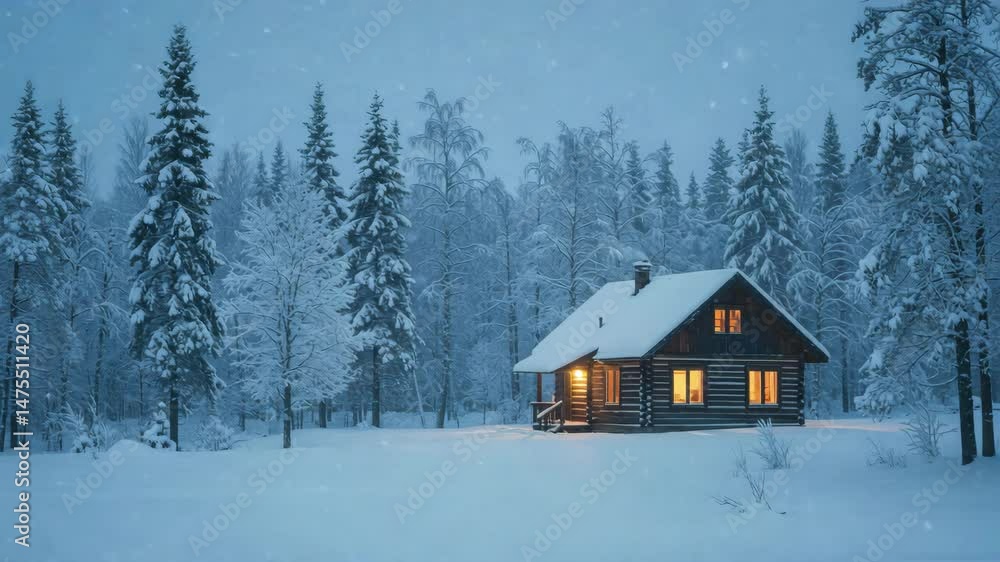 Warmly lit cabin nestled in a snowy forest surrounded by tall frosted trees at dusk. Warmly lit cabin nestled in a snowy forest surrounded by tall frosted trees at dusk.