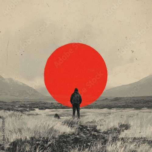 A solitary figure confronts a bold red circle in a muted landscape.
