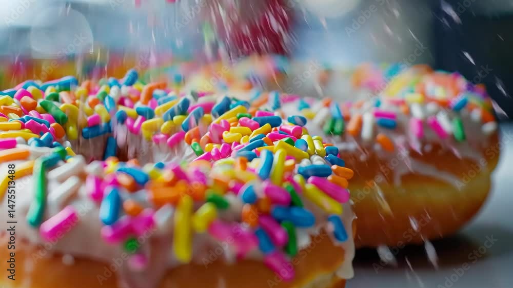 A donut with rainbow sprinkles on top. The sprinkles are in different colors and are scattered all over the donut A donut with rainbow sprinkles on top. The sprinkles are in different colors and are scattered all over the donut