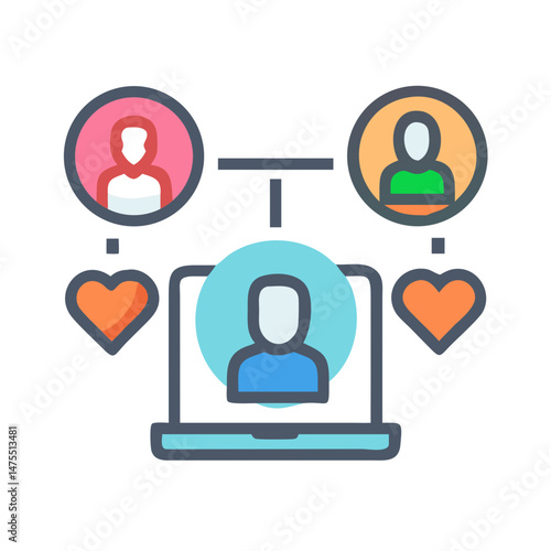 Online dating with hearts, laptop, profile avatar icons