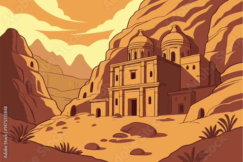 9 a beautiful ancient village nestled in the mountains, golden sandstone houses and domed structures, mysterious medieval architecture, glowing sunset colors, dramatic rocky terrain, intricate details