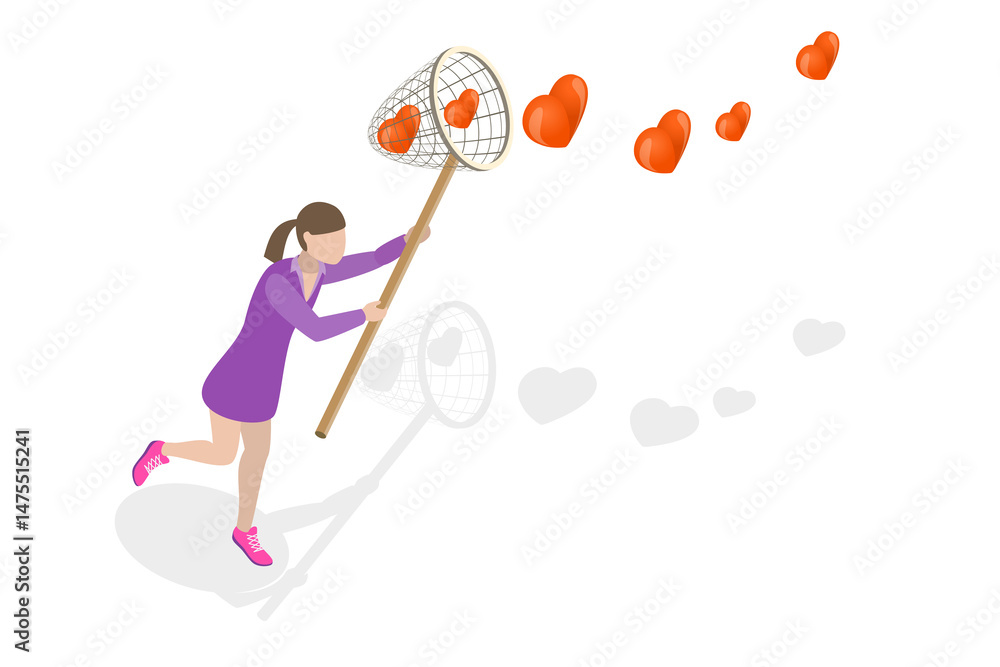 3D Isometric Flat Illustration of Chasing For Love, In Search Of Love And Romance Ideals 3D Isometric Flat Illustration of Chasing For Love, In Search Of Love And Romance Ideals