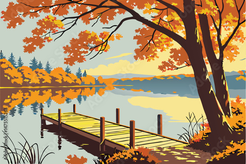 10 wooden dock, autumn forest, fall colors, orange and yellow leaves, reflections in water, nature landscape, scenic, vibrant, cinematic, 4k, detailed, photorealistic